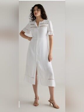 NWT Quince Ivory Crepe  Button-Front Lace Trim Maxi Dress Size L